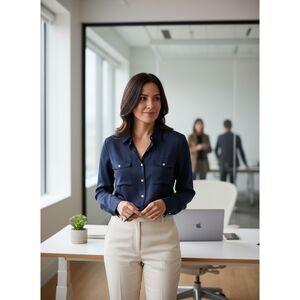 Ann Taylor Petite Navy Blue Silk Button-Down Blouse Size 10P